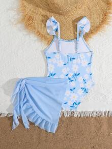 Young Girl Floral Print Ruffle Armhole One-Piece Swimsuit And Wrap Tie Sarong Skirt Set, Summer Beach Holiday Kids Daisy Print Swimsuit Girls Blue Flower Bathing Suit Girls Blue Swimsuit Kids Beach Clothes Girls Sky Blue Swimsuit Girls Blue Bathing Suits Swimsuits With Ruffles Kid Bathing Suit Girls Summer Outfit - Blue - View 3