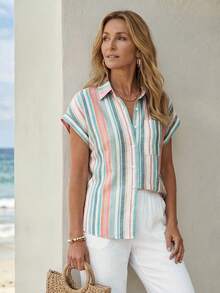 EMERY ROSE Striped Button Front Summer Women Shirts With Patch Pockets - Pink - View 4