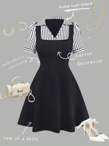 Franclia 2-In-1 Striped Polo Collar Fitted Dress For Women - Multicolor - View 1