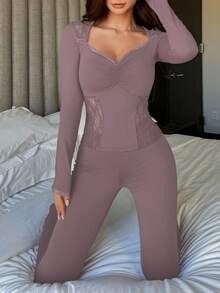 DAZY Romantic Sheer Lace Patchwork Slim Fit Long Sleeve Top And Long Pants Women Sleepwear Set Pajamas - Purple - View 4