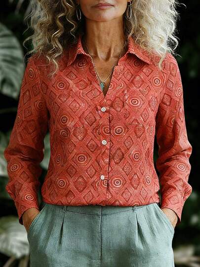 EMERY ROSE 女士几何印花翻领单排扣休闲百搭日常长袖衬衫