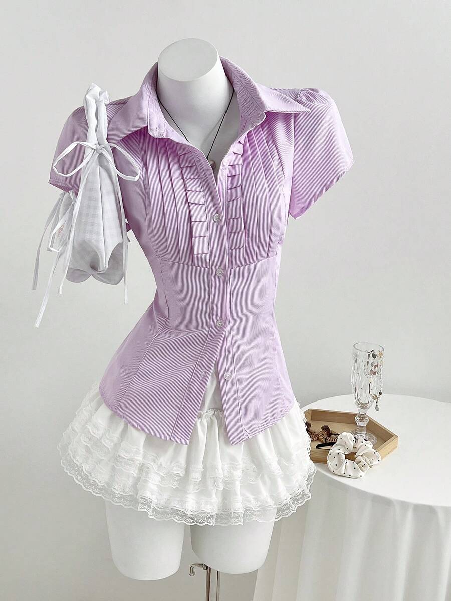 Elamini 夏季甜美荷叶边腰身百搭条纹领短袖衬衫 - 紫色 - 查看 1