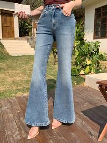 DAZY Quần jeans ống loe cạp thường dành cho nữ, kiểu dáng thanh lịch, gợi cảm, thích hợp cho mùa hè. - Rửa trung bình - Xem 3