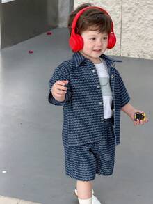 DAZY Bộ quần áo mùa hè kiểu Hàn Quốc mới bằng vải denim jacquard cho bé trai, set 2 món đa năng, thoải mái. - Màu xanh lam - Xem 4
