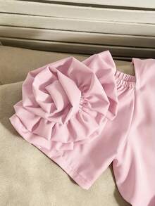 SHEIN 少女纯色3D立体花卉装饰露肩单排扣衬衫 - 粉色 - 查看 4