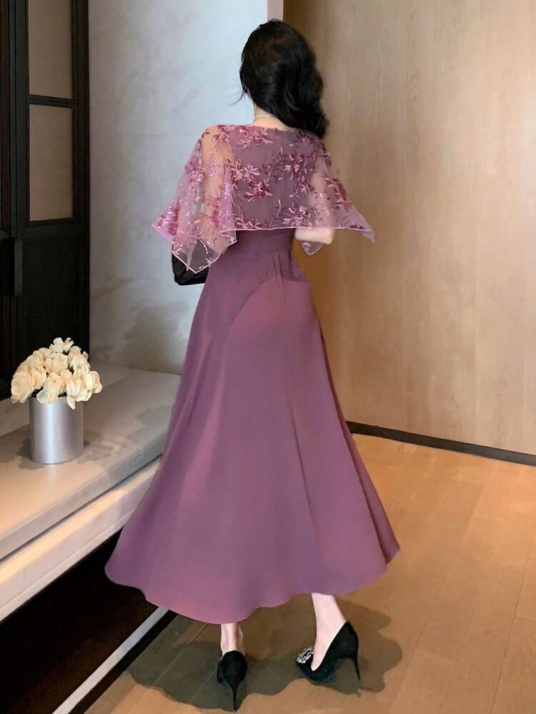 Spring & Summer Lace Overlay 2 In 1 Dress, Elegant For Valentine's Day, Wedding, Party, Formal Occasion. Waist-Cinching, Ruffle Hem, Short Sleeve, Midi Length Sundress