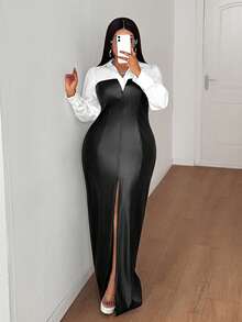 Maweii 加大码女式春季黑白撞色PU拼接衬衫领前开衩长袖优雅超长连衣裙 - 黑與白 - 查看 3