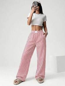 SHEIN EZwear 女士休闲条纹阔腿裤 夏季女士裤装 条纹裤 阔腿夏季裤 女士阔腿裤 女士夏季裤装 夏季女士裤装 - 紅白色 - 查看 3