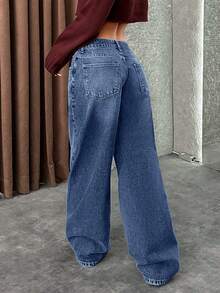 EURMUSE LOW RISE WIDELEG Y2K Streetwear STYLE Denim Blue JEAN Going Out Autumn Winter - Medium Wash - View 2