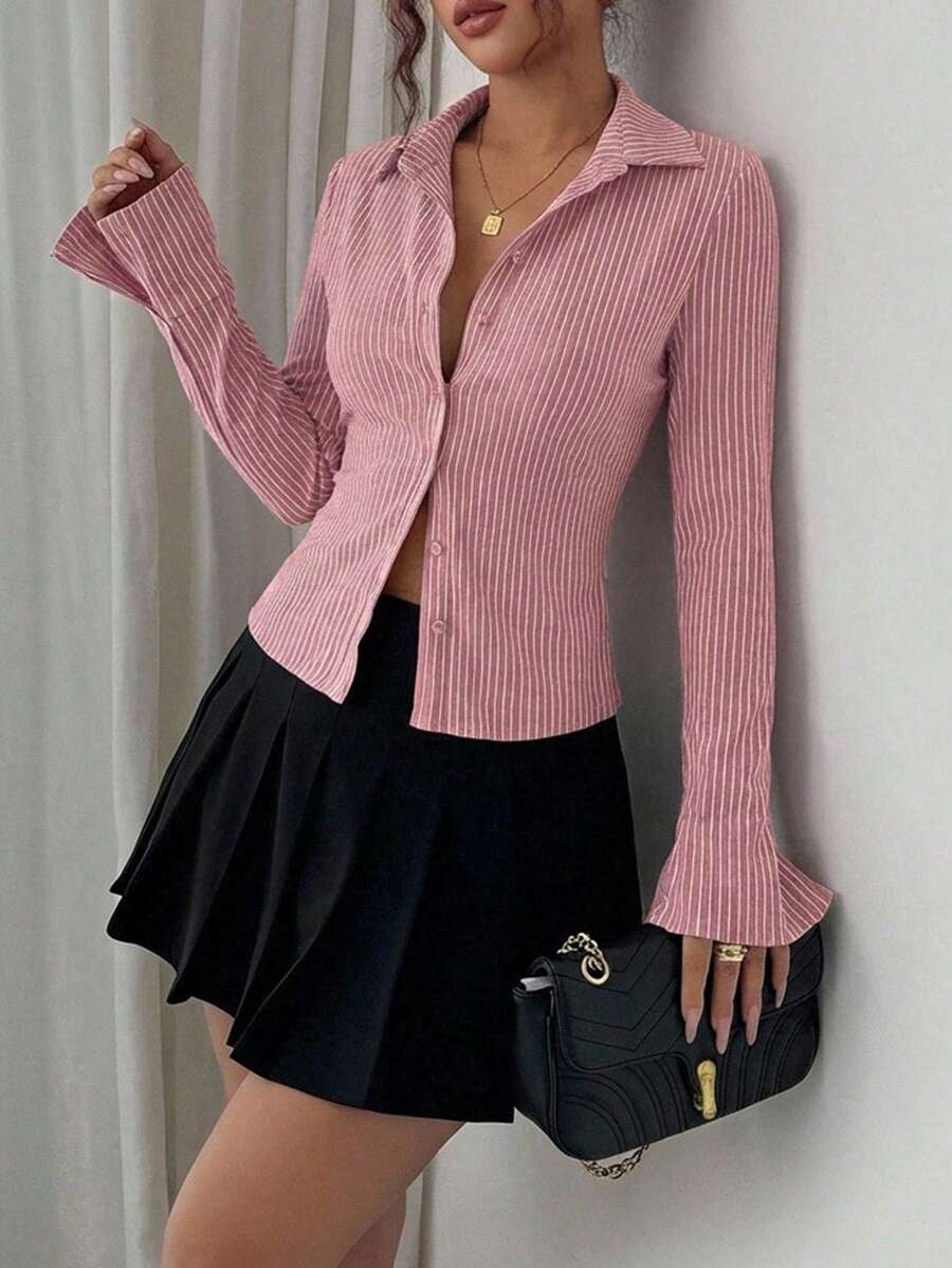 Women's Striped Print Simple Daily Long Sleeve Blouse Women Shirt - Dusty Pink - View 1