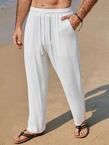 Genlund Men's Casual Drawstring Waist Solid Color Pants, Versatile For Vacation, Daily Commute Men Vacation Pants Men All White Beach Pants Boho Pants Men - Black - View 5
