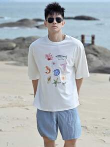 DAZY Men's Short Sleeve Cropped White T-Shirt With Printed Pattern, Summer - White - View 4