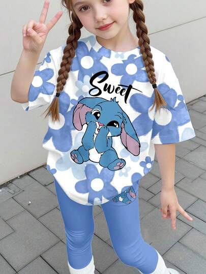 SHEIN Kawaii Cartoon Blue Rabbit Stitch Pattern, Ballerina Style, Blue Gradient Floral, Young Girls Casual Tight Shorts 2-Piece Set, Korean Style, Homecoming, Easy Comfort, Stylish Kids, Spring & Summer Outfits, Casual Wear, Baby & Kids Graphic Tops, Summer New Style, Spring & Summer Fashion, Casual Campus Sports Style, Outdoor Picnic, Street Style, Home, Campus