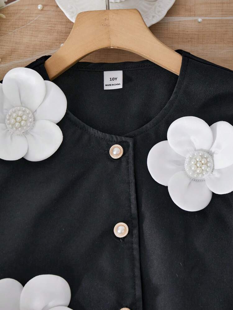 SHEIN 3pcs/Set Tween GirlsWoven Solid Color Bubble Short Sleeve Cropped Cardigan, Sleeveless A-Line Dress And Simple Casual Beret Hat Set, With Faux Pearl Mushroom Buttons And 3D Floral Decor, Fashionable And Elegant, Suitable For Spring/Summer Daily Casual Wear - Black and White - View 9