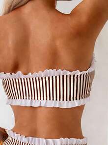 Swim Basics Spring & Summer Beach Vacation Striped Print 2 Pieces Set, Ruched Neckline & Hem, Ruffled Waistband - Coffee Brown - View 4