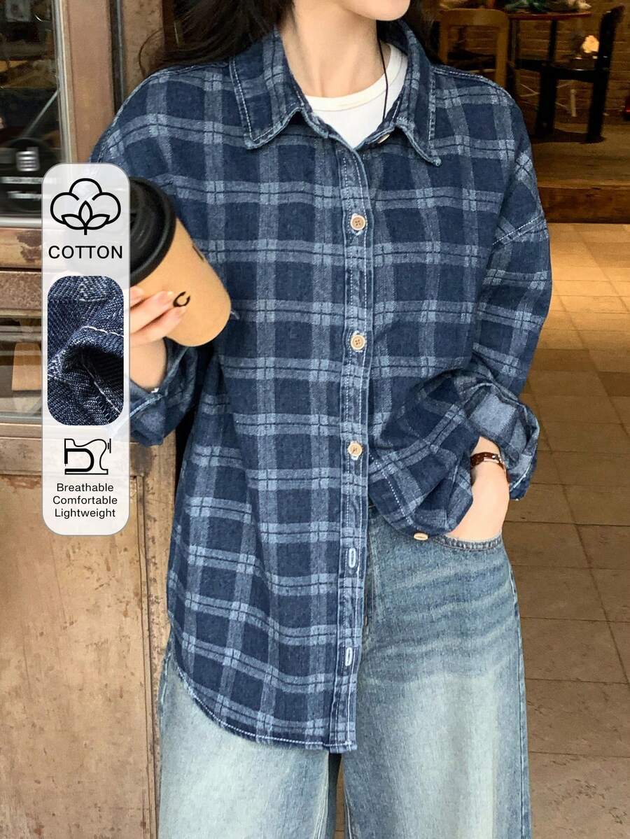 DAZY Women's Turndown Collar Loose Plaid Long Sleeve Casual Washed Checkered Denim Blouse - Medium Wash - View 1