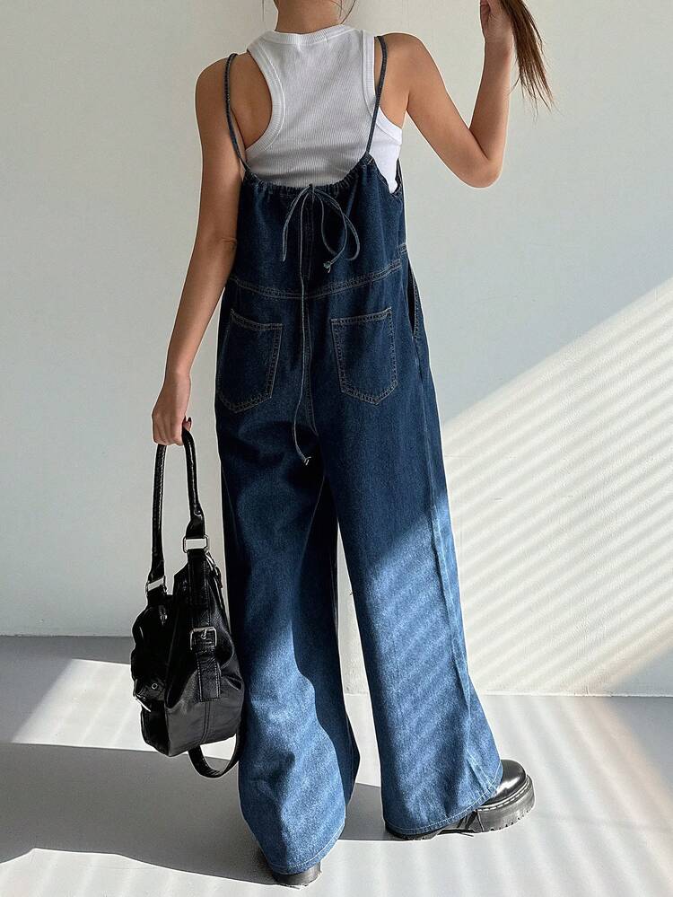 Women's Summer Waist Strap Jumpsuit, Casual Elegant Washed Denim Bib Pants & Jumpsuit