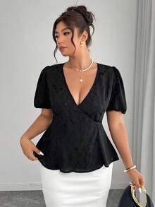 Elenzga Plus Size Women's Elegant Wrap A-Line Petal Sleeve Jacquard Blouse, Spring/Summer - Black - View 5