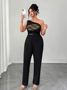 SHEIN Elenzya Plus Size Elegant Jumpsuit, Oblique Shoulder, Cinched Cinched Waist, Sophisticated, Versatile, Suitable For Dates And Formal Occasions - Black - View 4