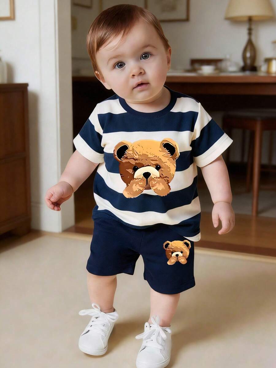 Baby Boy Fashionable & Comfortable Casual Crew Neck Short Sleeve T-Shirt Set, Featuring Cute Bear & Striped Prints, Loose Fit Crew Neck Tee, Suitable For Spring/Summer Wear, Casual Streetwear, Outdoor Picnic, School, Events, Gifts - Multicolor - View 1