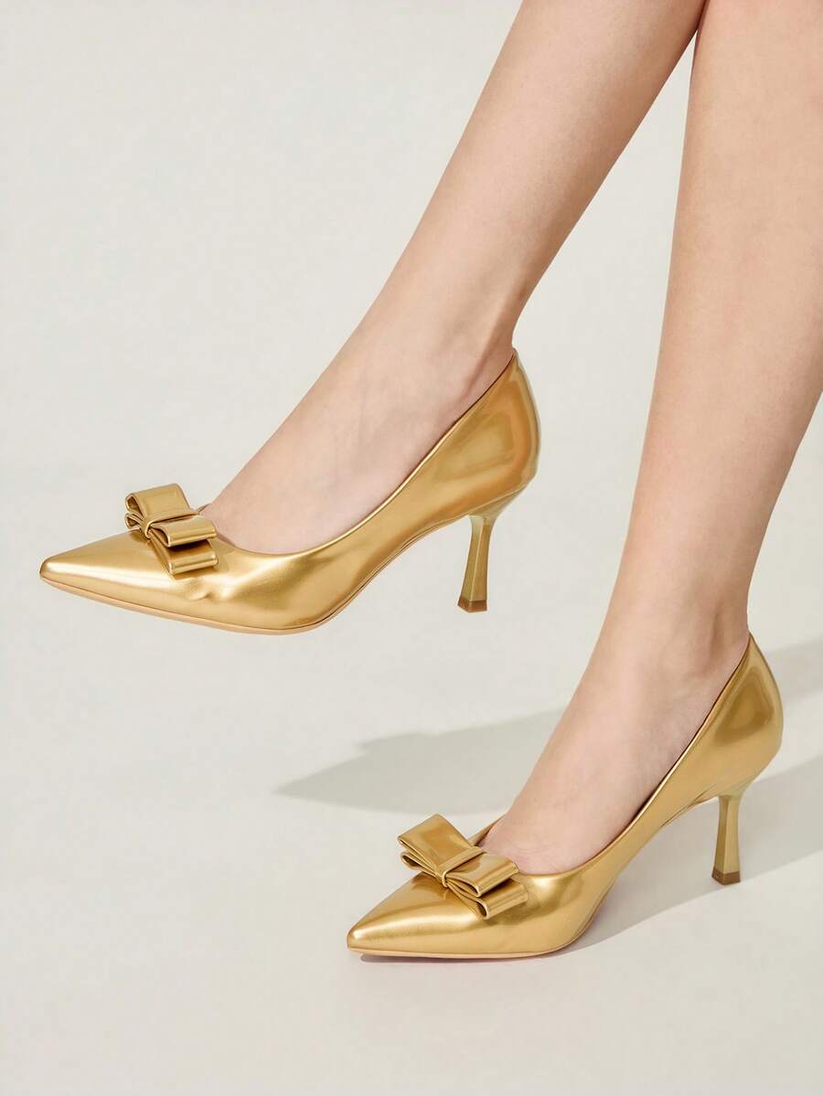 CUCCOO CHICEST Giày cao gót nữ màu xanh lá cây bóng, kiểu dáng thanh lịch, mũi nhọn, gót mảnh, vừa phải, phù hợp cho cả bốn mùa, với chi tiết nơ thắt, thích hợp cho ngày lễ Thánh Patrick, Giáng sinh, hẹn hò, tiệc trà chiều và công sở. - Vàng - Xem 1