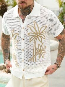 Manfinity RSRT Men's Summer Casual Vacation Coconut Tree Pattern Front Button Hollow Knit Top - White - View 6