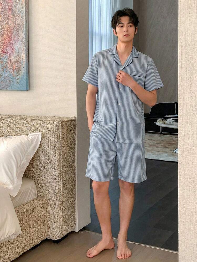 Men's Multi-Color Short Sleeve Shirt And Shorts Pajama Set, Summer