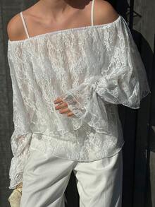 Livesso Lace Carnival Spring Off-Shoulder Vacation Sheer White Blouse For Women Going Out Tops - White - View 1
