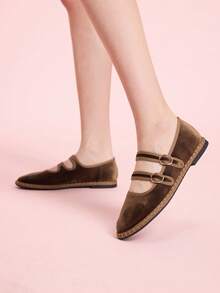 CUCCOO DOLLMOD 女士经典卡其色双条纹丝绒平底鞋 - 卡其色 - 查看 3