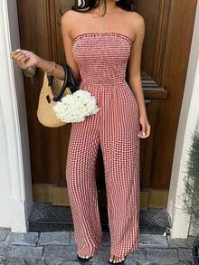 Sunnyshic Bộ jumpsuit ống rộng, lưng trần, chất liệu vải jacquard kẻ caro đỏ trắng, thích hợp cho nữ mùa xuân/hè, phong cách bohemian, thanh lịch, lãng mạn, tối giản và mặc hàng ngày. - Đỏ và trắng - Xem 6