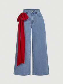 SHEIN MOD Plus Size Red Bow Decor Slant Pocket Wide Leg Jeans - Blue - View 3