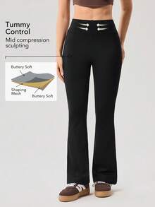 OutZeal 女士运动黑色紧身裤 普拉提休闲速干收腹内置内裤喇叭裤腿运动裤 - 黑色 - 查看 2