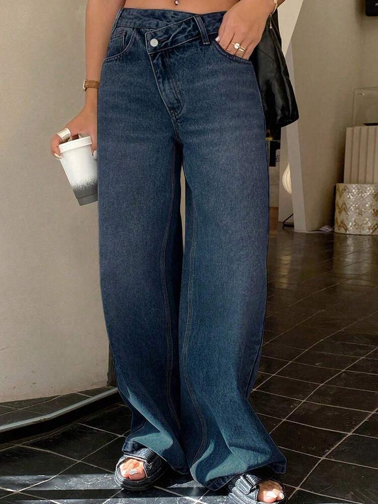 Women's Tall Oblique Placket Loose Casual Straight Leg Jeans, Streetwear Relaxed Pants