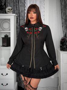 Whyspr Camisa de manga larga ajustada con estampado de calavera y rosa para mujer de talla grande - Negro - Ver 5