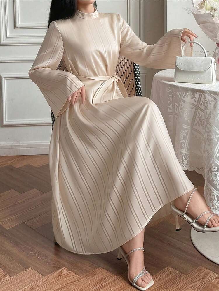 Women's Elegant Striped Stand Collar Flare Sleeve Belted Dress, Spring/Summer Wedding Guest Dress Sundress
