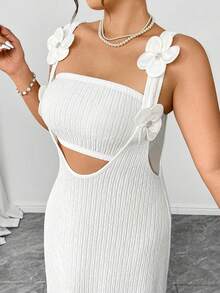 Elenzga Plus Size White Summer Elegant Holiday Party Pleated Textured Knit 3D Floral Maxi Dress & Fitted Cropped Camisole 2 Piece Set For Outing,Vacation - White - View 6