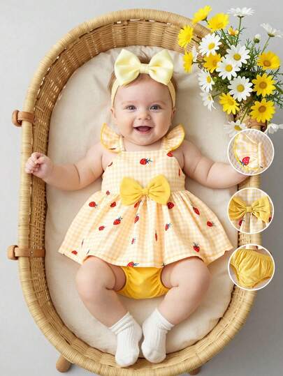 SHEIN 女婴夏季套装 - 宽松黄色无袖连衣裙，腰间系蝴蝶结，草莓印花图案，露背设计 + 黄色三角短裤套装，甜美可爱时尚风格，适合日常穿着或户外玩耍