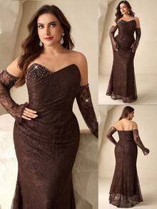 Coutiva Plus Size Luxury Evening Gown, Beaded High-End Formal Dress, Elegant Dignified Party Dress Valentines Dress Elegant Dress Sequin Dress Floral Dress Luxury Chocolate Brown Dress Brown Formal Dress Brown Dresses Classy Elegant Brown Wedding Guest Dress Brown Bridesmaid Dress Brown Elegant Dress Brown Lace Dress  Graduation Ceremony, School Opening, Music Festival, Birthday Party, Wedding, Afternoon Tea Gathering, Ball - Khaki - View 1