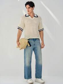 RONVEXI Men's Contrast Collar & Cuff Short Sleeve Knit Top - Multicolor - View 5