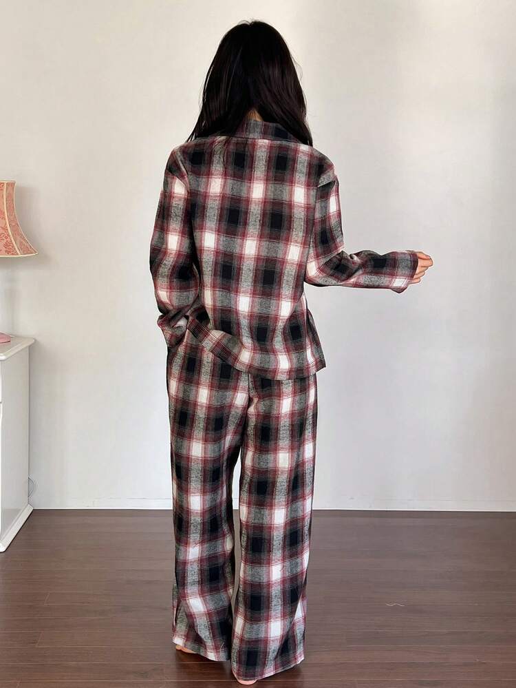 2pcs Women's Plaid Pattern Loose Cardigan Long Sleeve And Long Pants Sleepwear Set, Spring