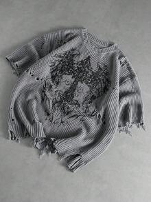 ROMWE MEN Men's Crew Neck Distressed Dark Wing Print Knit Sweater - Grey - View 7