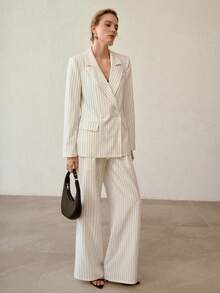 MOTF PREMIUM 条纹休闲亚麻质感通勤及日常双排扣西装外套 - 白色 - 查看 7