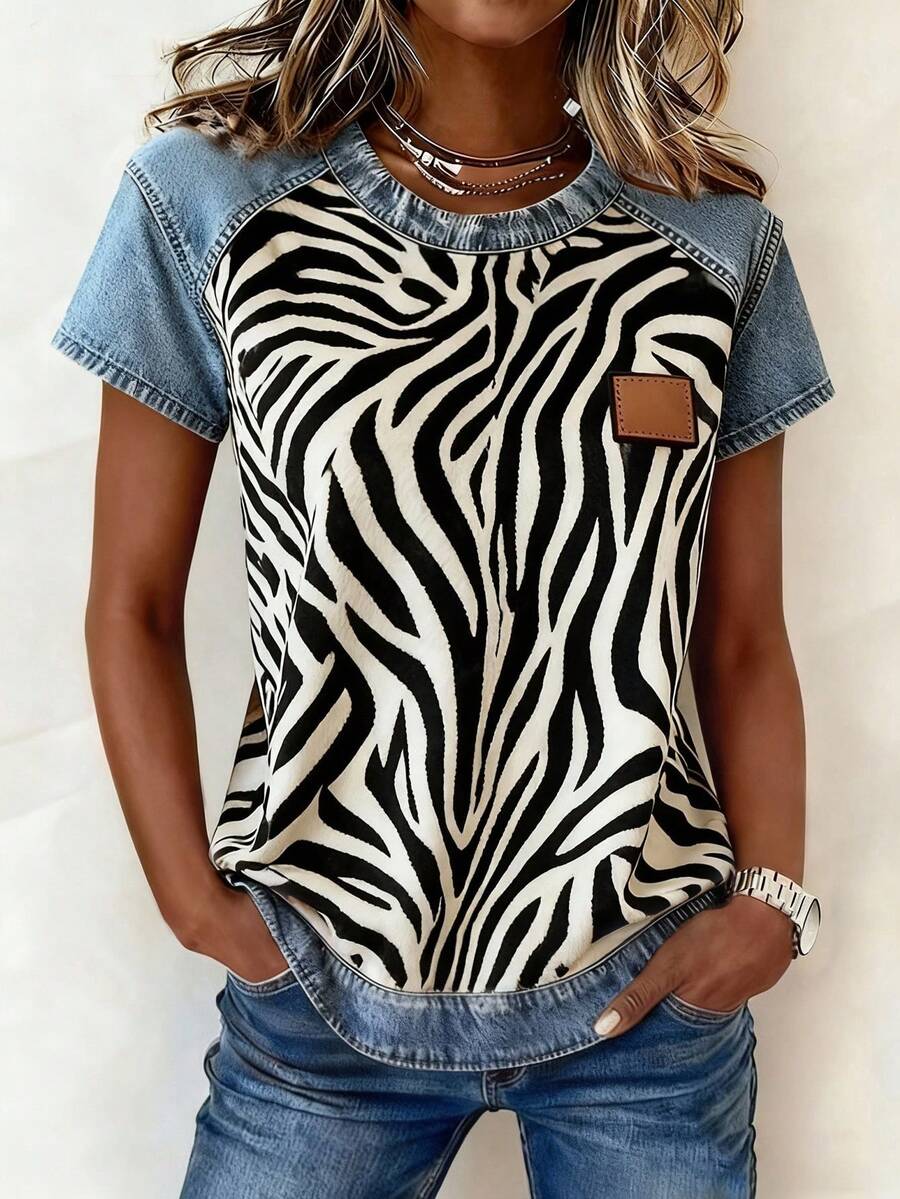 EMERY ROSE Women's Summer Zebra Print Splice Round Neck Raglan Sleeve T-Shirt - Multicolor - View 1