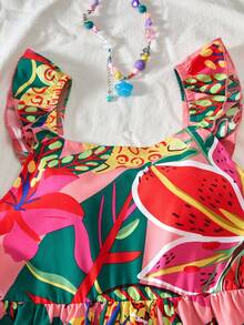 Sparklyn Summer Outfit Tween Girl Floral Print Ruffle Casual Vacation Everyday Squishy Dress - Multicolor - View 6