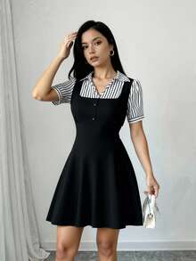 Franclia 2-In-1 Striped Polo Collar Fitted Dress For Women - Multicolor - View 6