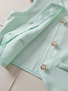 Souflis Souflis Young Girls' Sweet Pink Sleeveless Pearl Button Vest + Bowknot Pleated Skirt 2-Piece Set, Elegant Casual Summer Outfit Girls Mint Green Vest Skirt Set Kids Light Green Skirt Set - Green - View 6