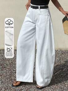 DAZY Quần jeans nữ ống loe cạp trung, màu trơn, túi xéo, kiểu dáng thường ngày thành thị. - trắng - Xem 1