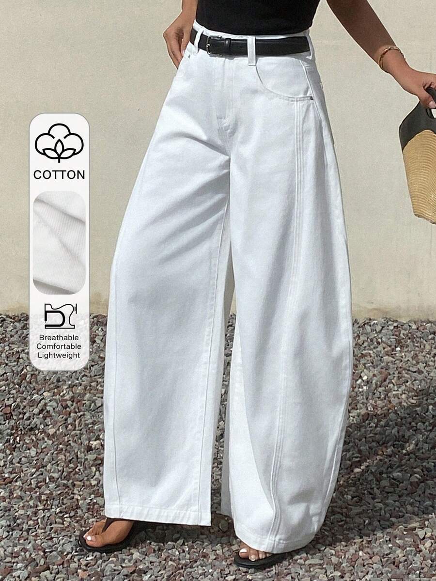 DAZY Quần jeans nữ ống loe cạp trung, màu trơn, túi xéo, kiểu dáng thường ngày thành thị. - trắng - Xem 1