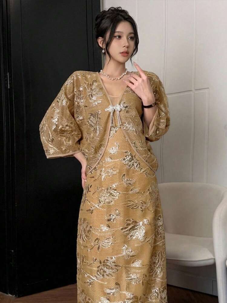 2pcs Women Elegant Sequin Embroidered Batwing Sleeve Dress Set
