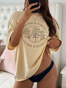 DAZY Women's Summer Round Neck Loose Pullover Printed Casual T-Shirt - Pale Yellow - View 1